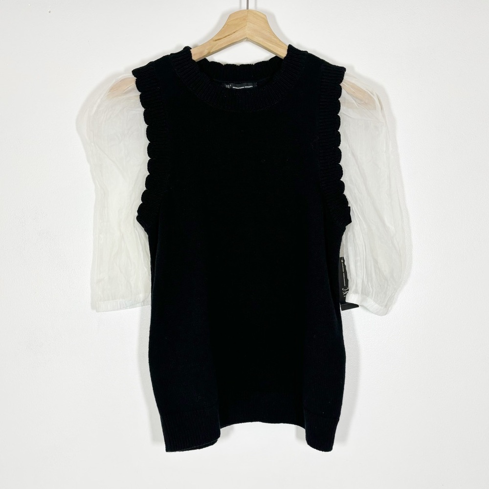 NWT INC Knit Top Contrast Sheer Sleeves Black White Sz M